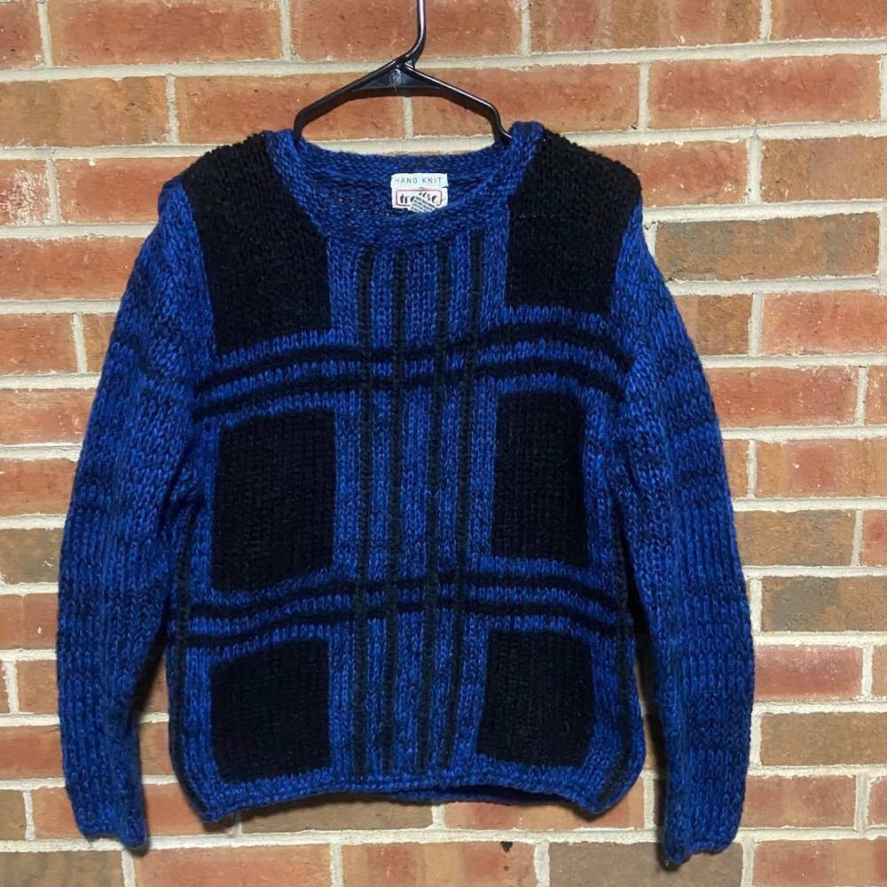 Vintage Hand Knit Blue Plaid Sweater 80s Womens Small